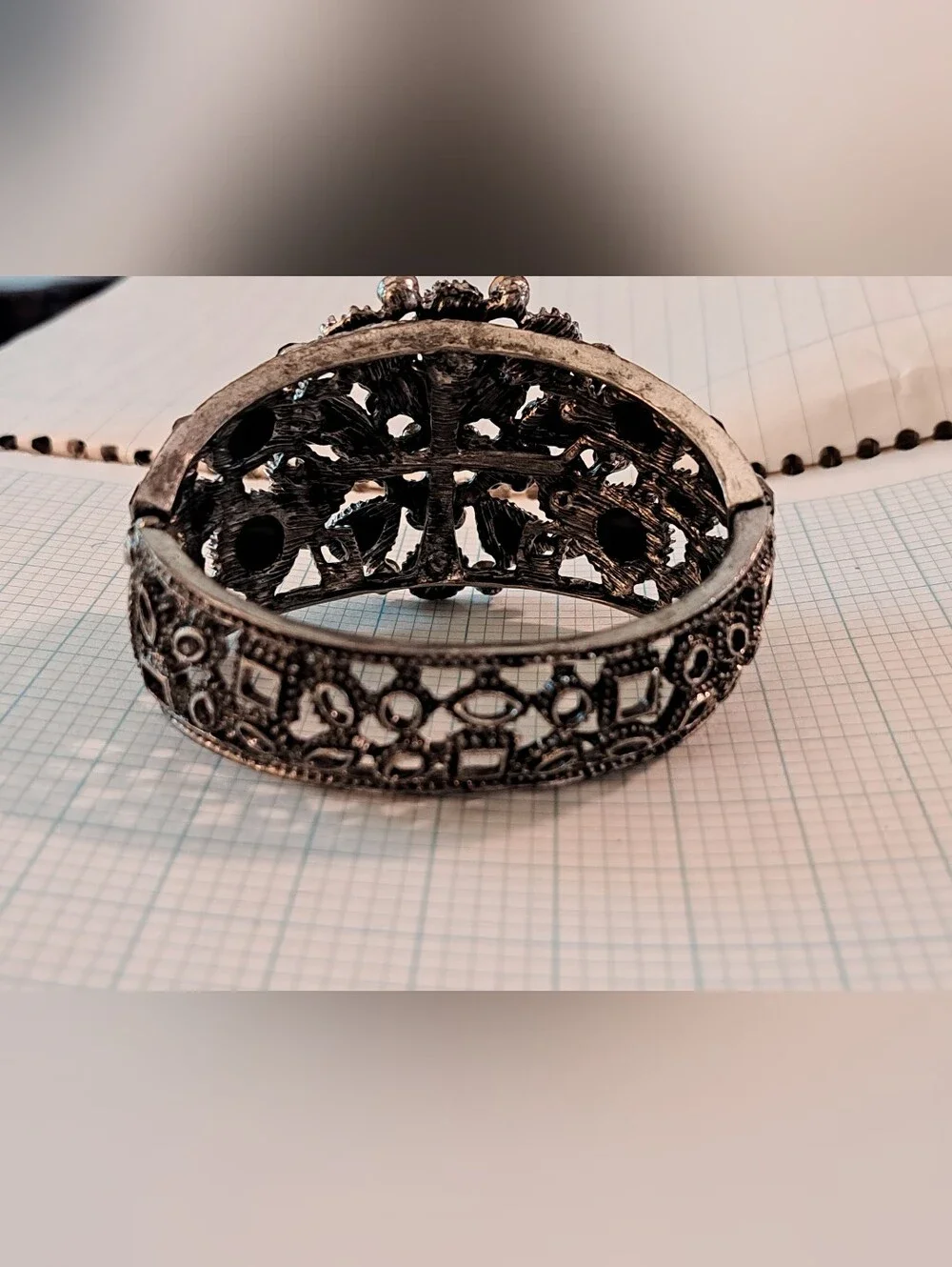 Vintage-Inspired Black Crystal Statement Hinged Bangle Bracelet